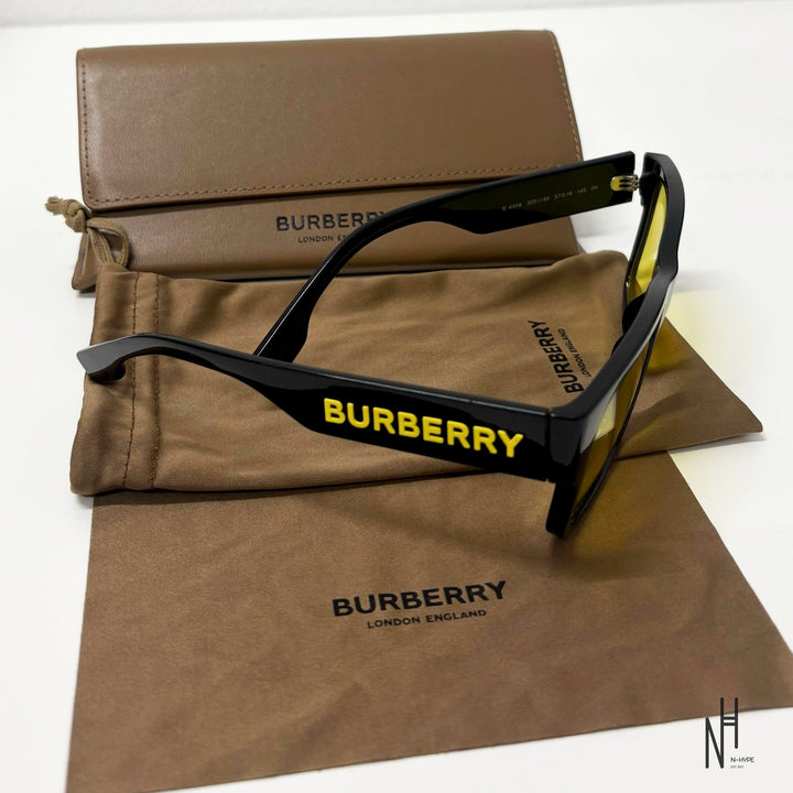 Burberry Knight Sunglasses Black Yellow z logo na zauszniku w zestawie z etui