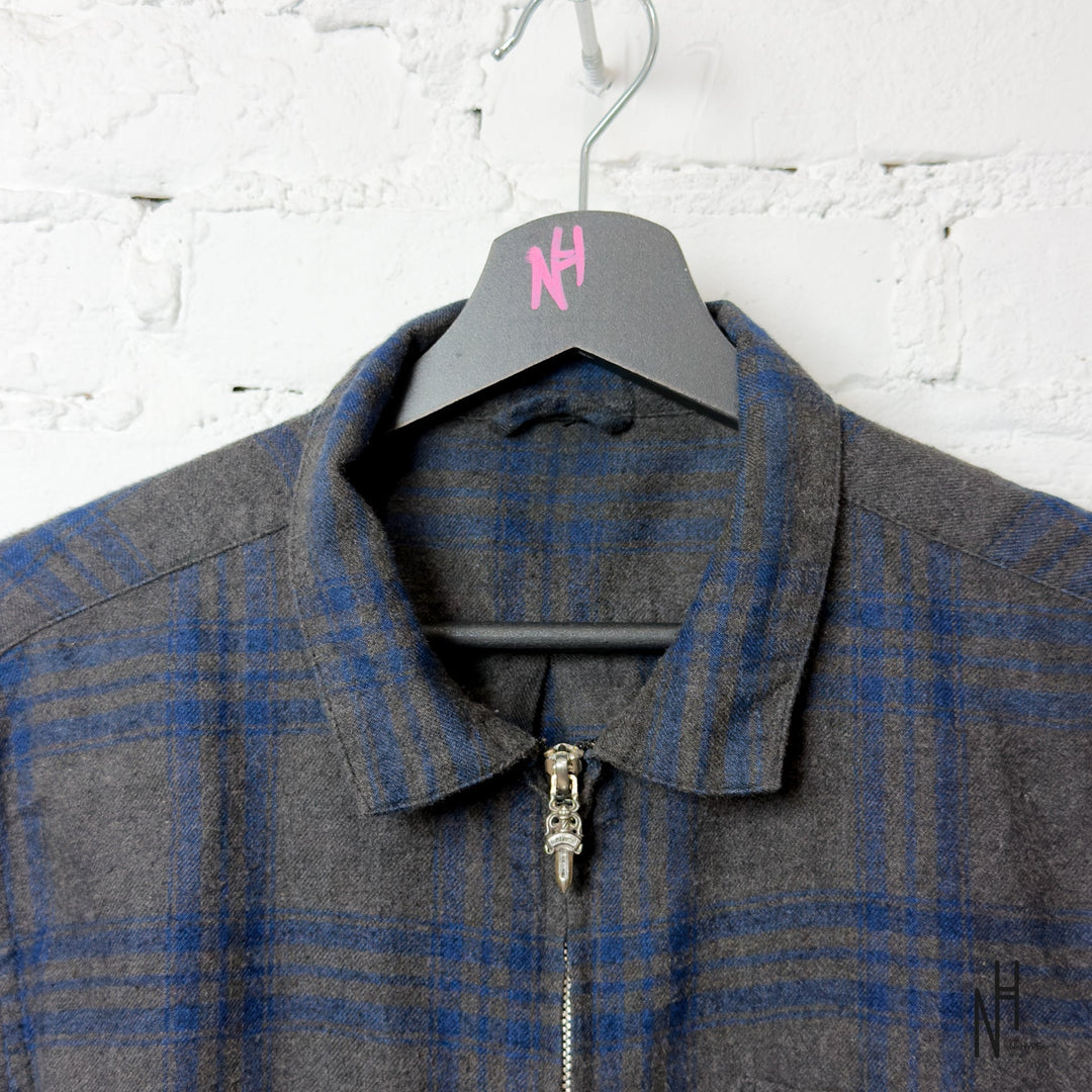 Chrome Hearts Checkered Zipper Dark Gray Navy Patched Shirt collar and zipper detail
