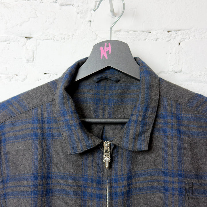 Chrome Hearts Checkered Zipper Dark Gray Navy Patched Shirt collar and zipper detail