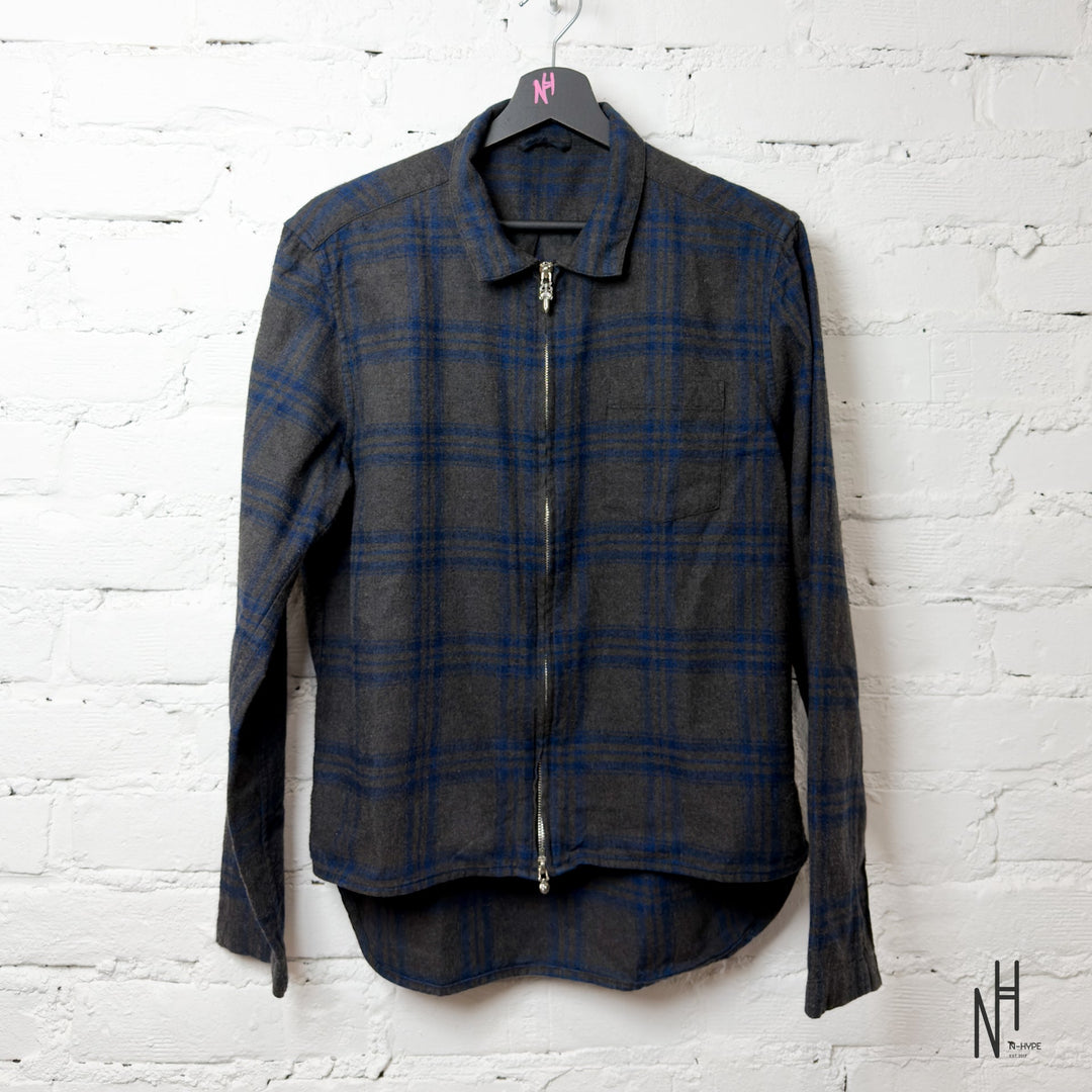Chrome Hearts Checkered Zipper Dark Gray Navy Patched Shirt front view