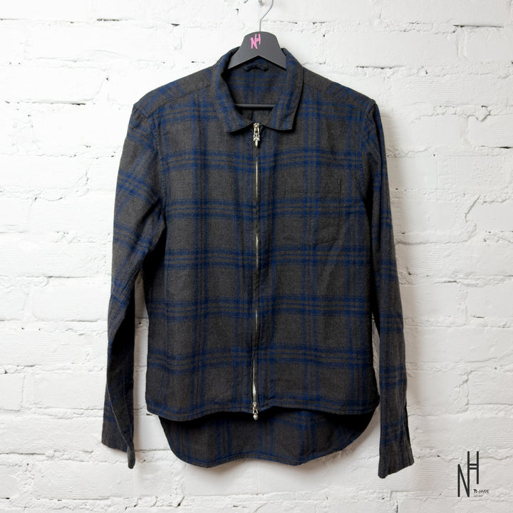 Chrome Hearts Checkered Zipper Dark Gray Navy Patched Shirt front view