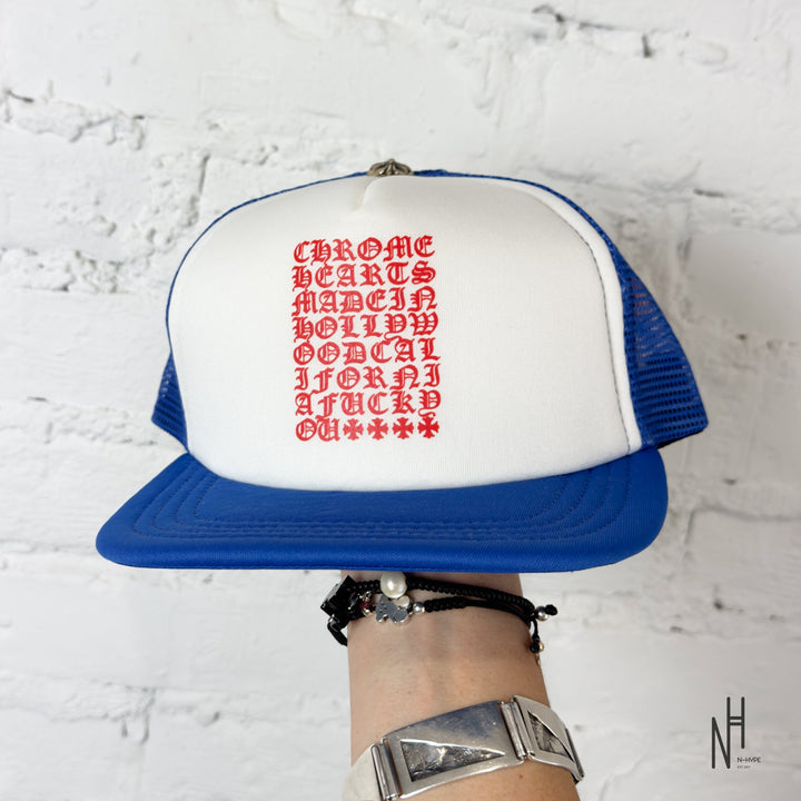 Chrome Hearts Eyechart Trucker Hat Blue/White/Red N-Hype streetwear trucker cap.