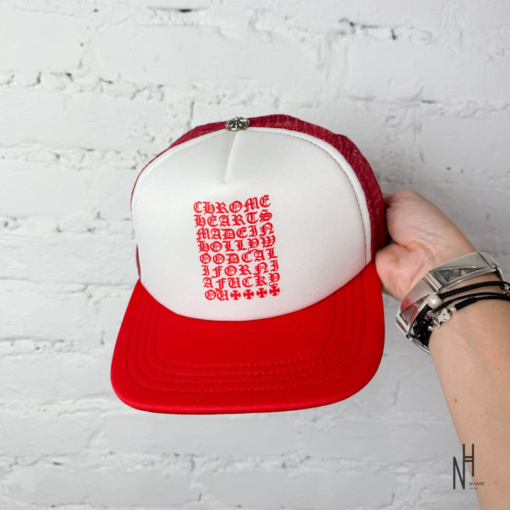 Chrome Hearts Eyechart Trucker Hat Red/White/Red N-Hype streetwear cap.