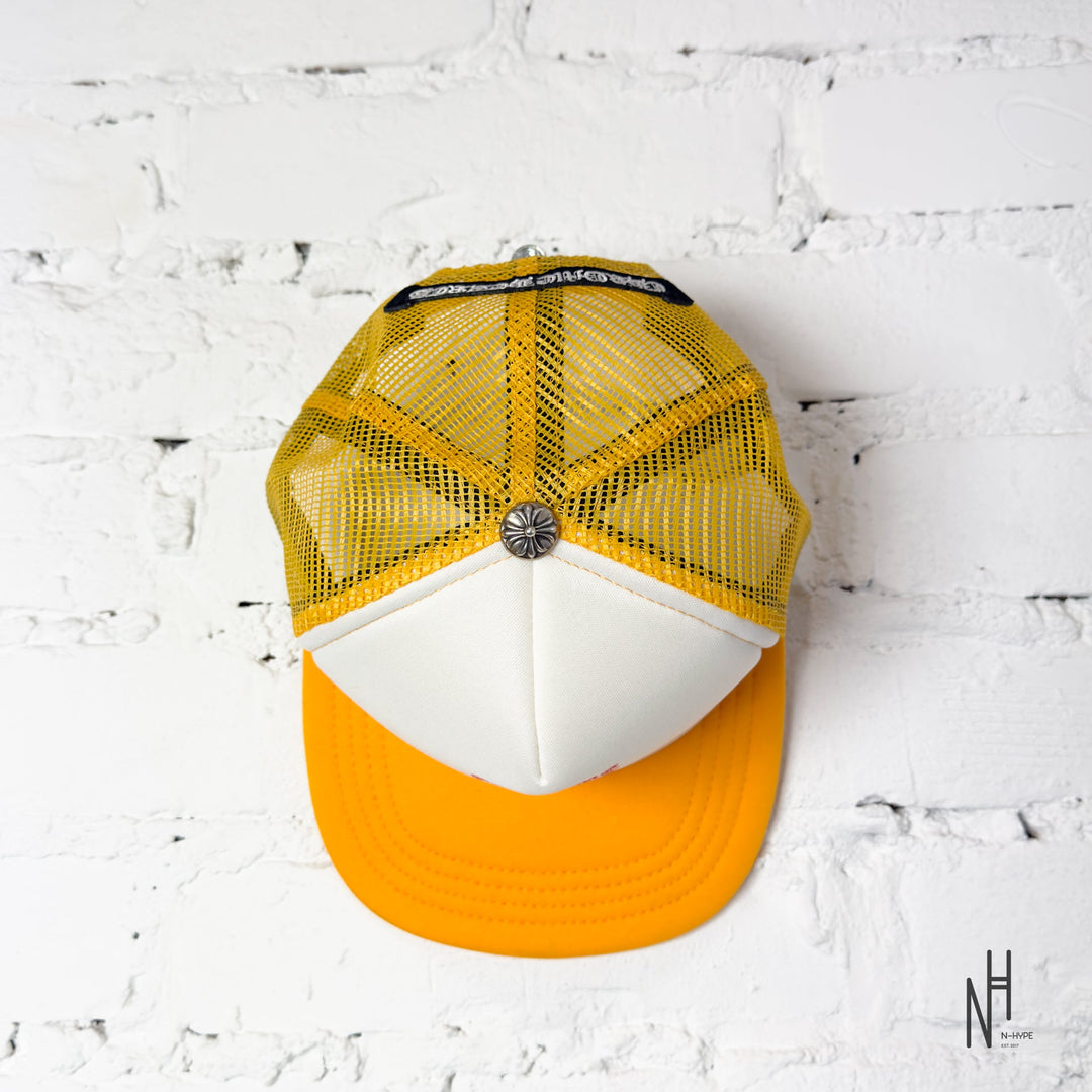 Chrome Hearts Eyechart Trucker Hat Yellow/White/Red N-Hype trucker cap streetwear fashion.