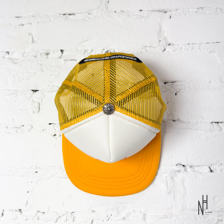 Chrome Hearts Eyechart Trucker Hat Yellow/White/Red N-Hype trucker cap streetwear fashion.