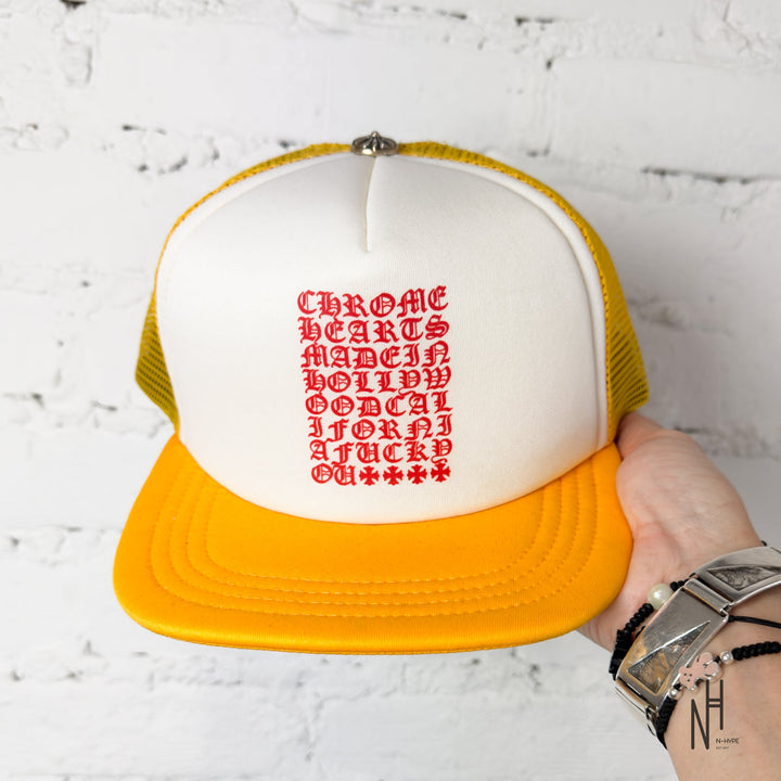 Chrome Hearts Eyechart Trucker Hat Yellow/White/Red N-Hype streetwear cap fashion headwear.