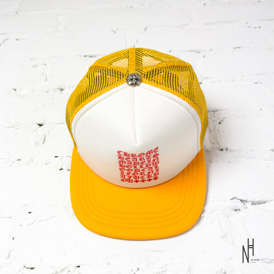 Chrome Hearts Eyechart Trucker Hat Yellow/White/Red N-Hype streetwear cap.