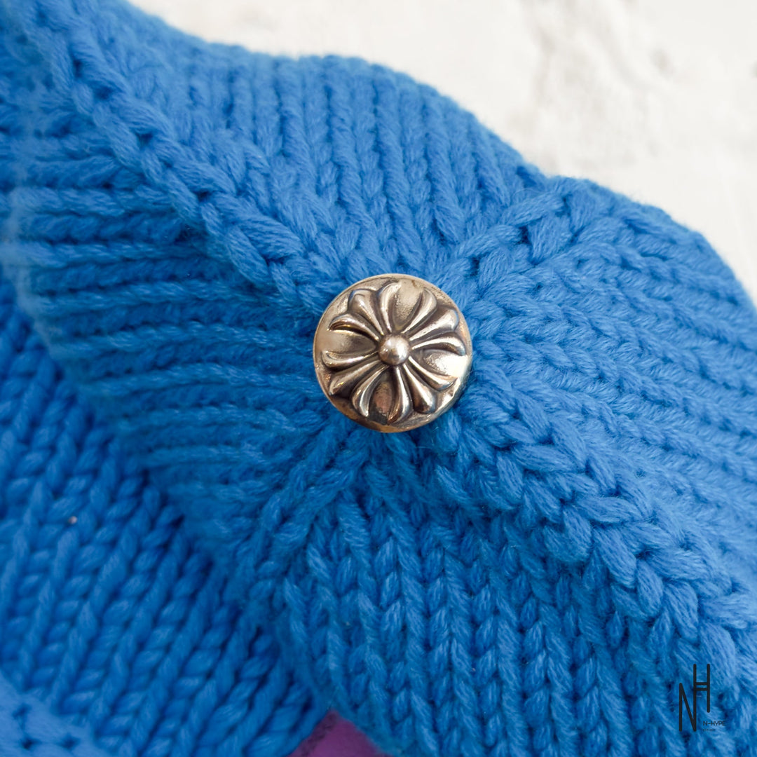 Chrome Hearts Purple Cemetery Cross Patch Cashmere Beanie Blue N-Hype streetwear style hat.