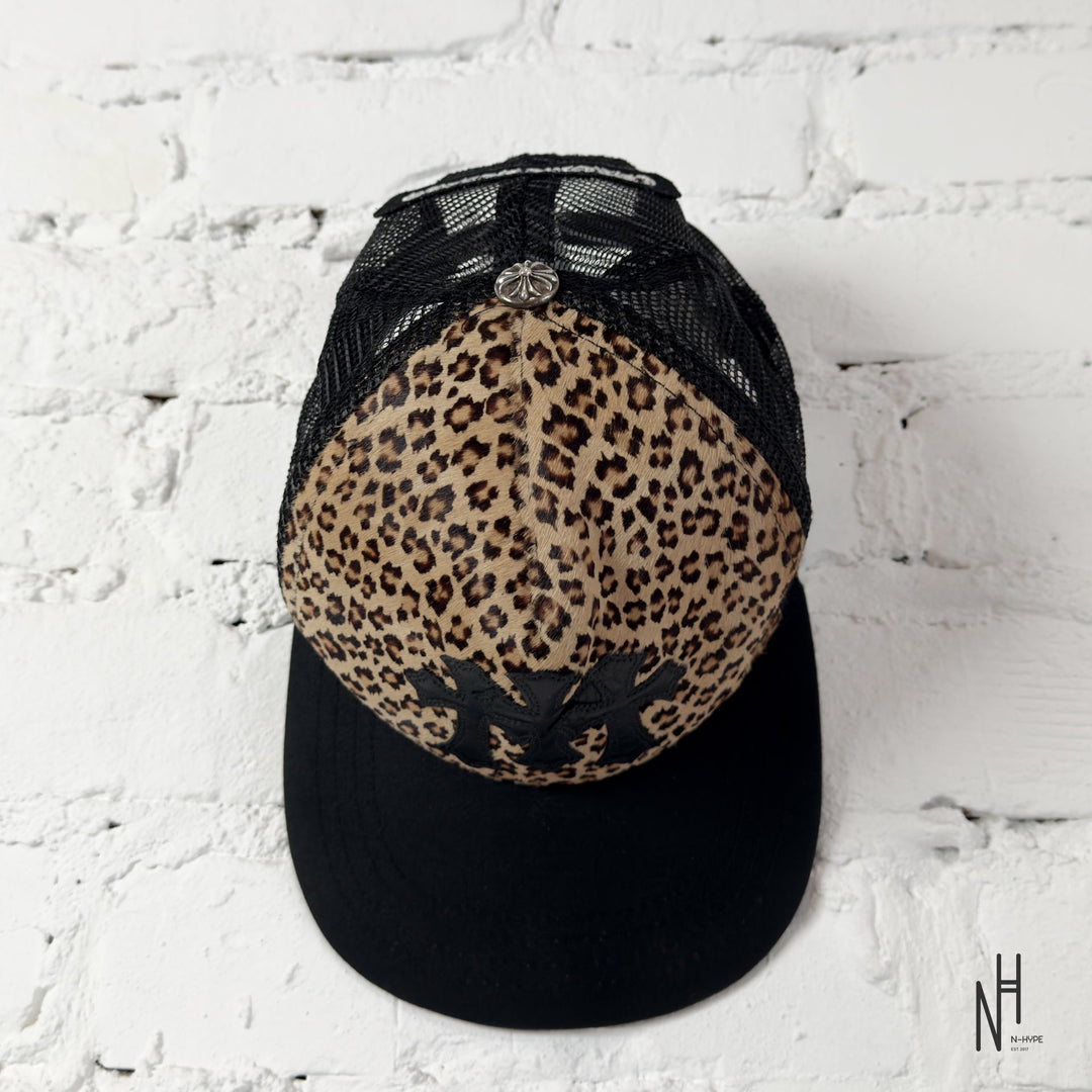 Chrome Hearts Triple Cross Patch Leopard Trucker Hat 'Multicolor' N-Hype streetwear cap.