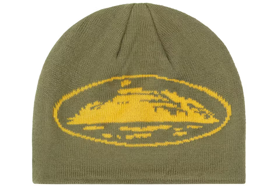 Corteiz Alcatraz Skully Khaki Green/Yellow beanie hat N-Hype