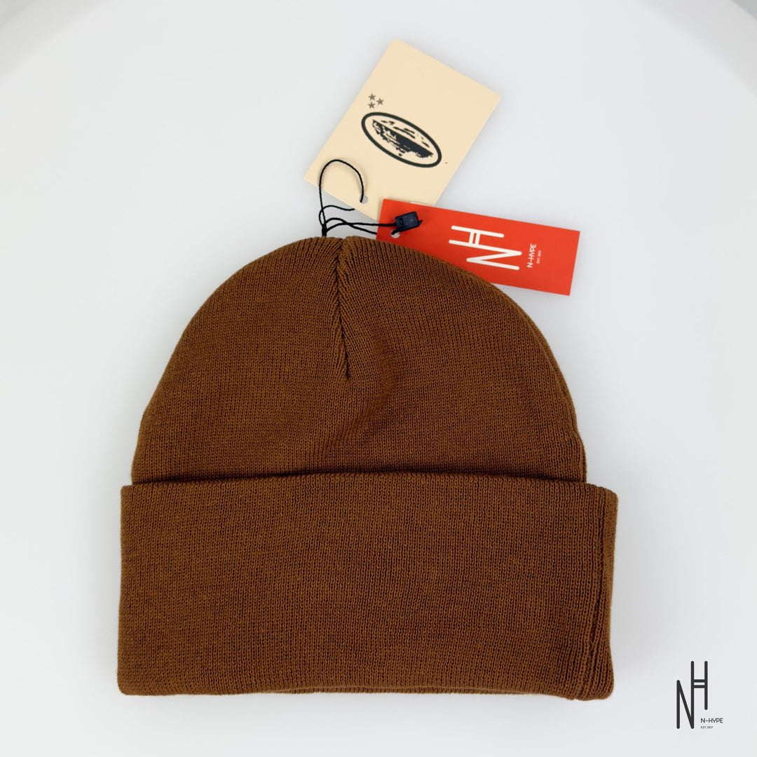 Corteiz Allstarz Folded Beanie Brown N-Hype beanie hat streetwear fashion brand outfit warm brown color outfit.