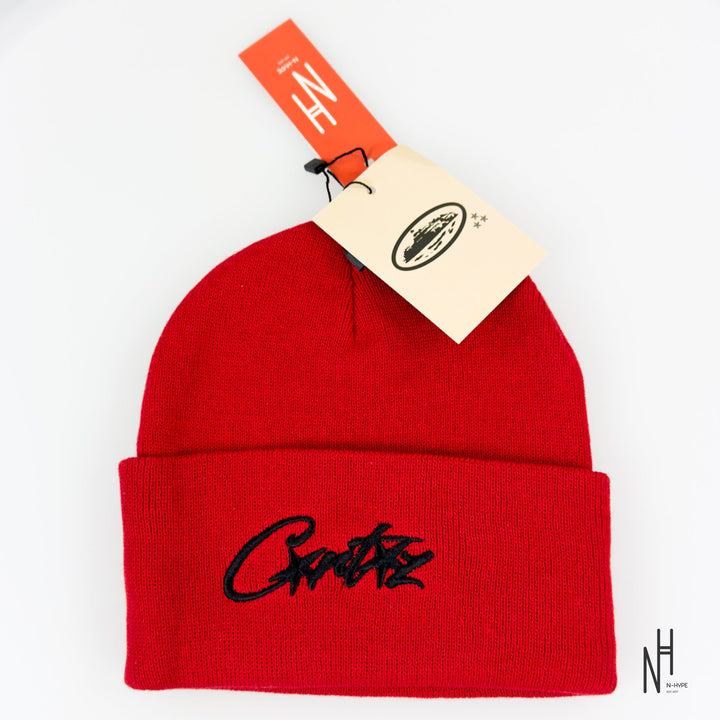 Corteiz Allstarz Folded Beanie Red/Black N-Hype streetwear hat.