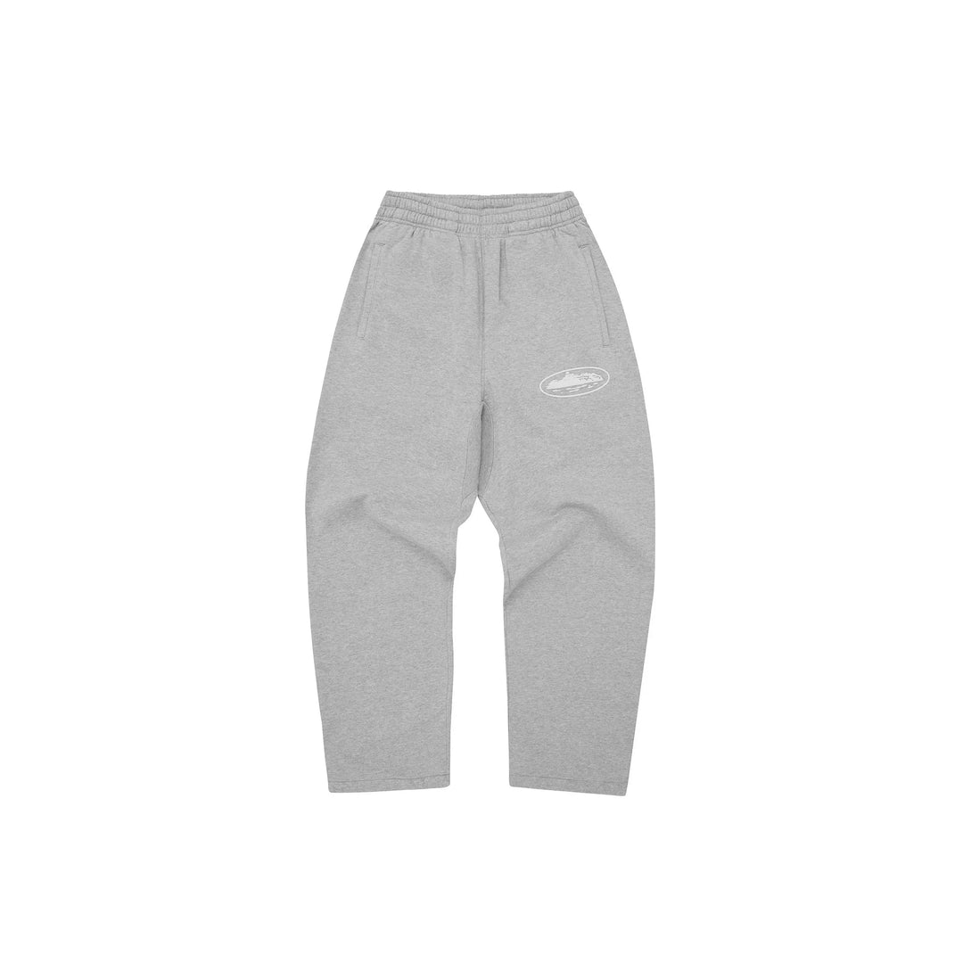 Corteiz Island Puff Print Open Hem Sweatpants Heather Grey N-Hype Sweatpants Model.