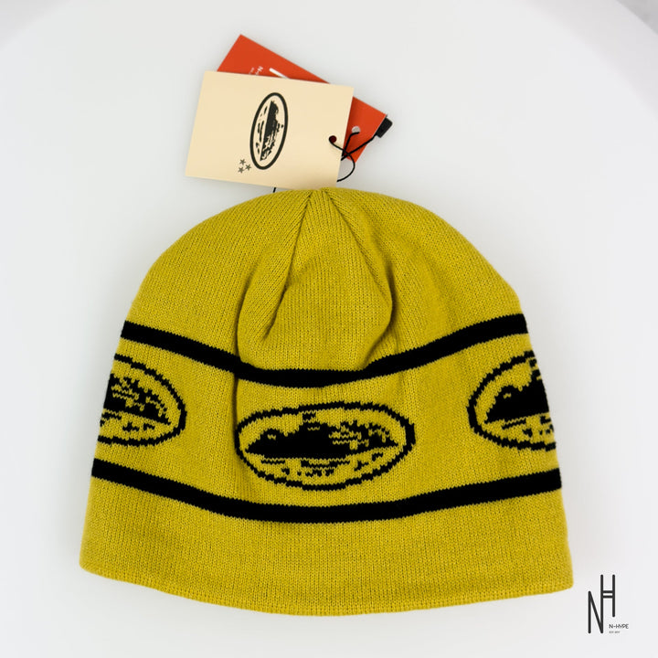 Corteiz Repeat Alcatraz Beanie Yellow/Black N-Hype streetwear cap.