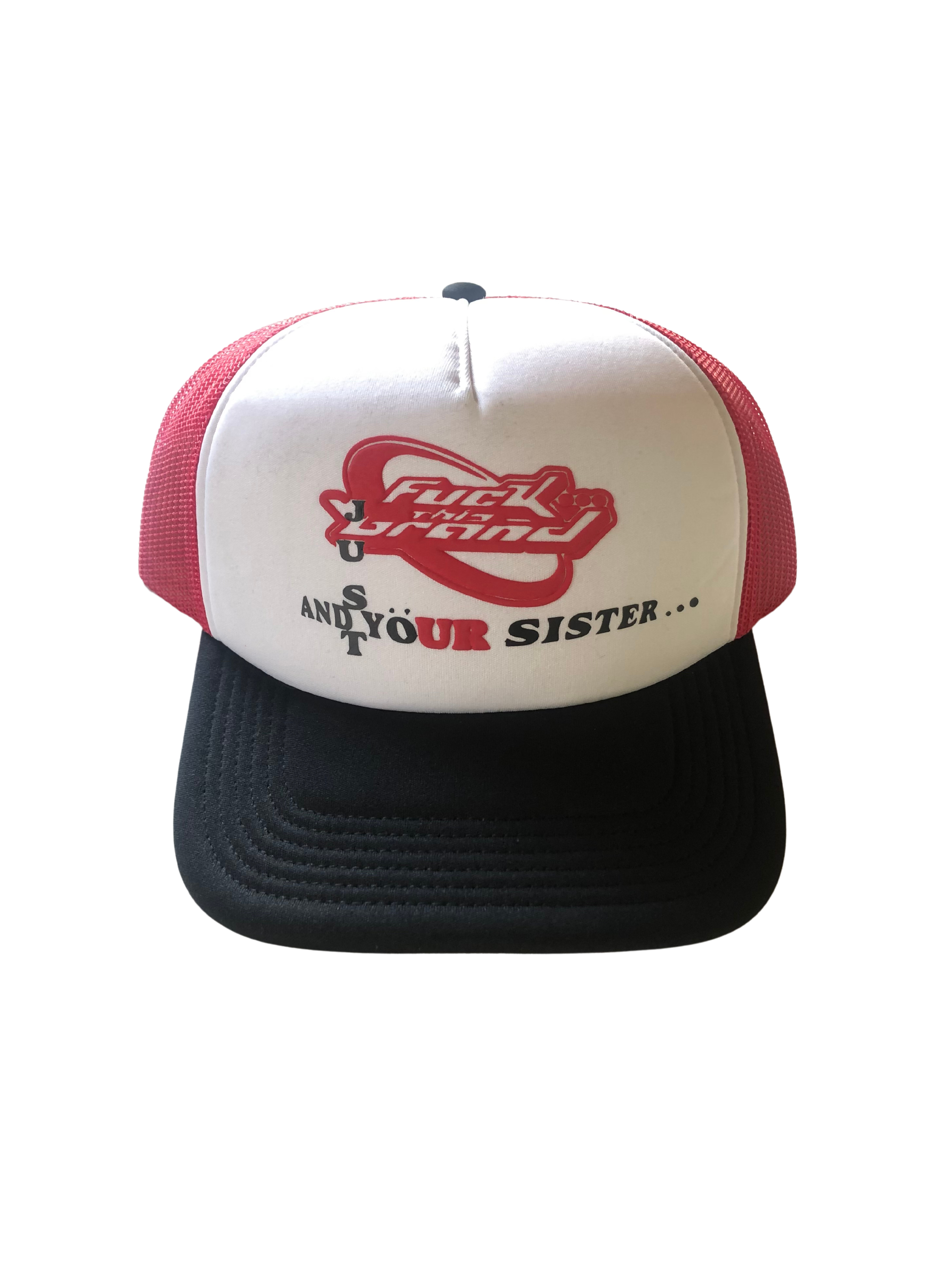 FVCKTHISBRAND a Trucker Hat White/Red (PUFFY PRINT)