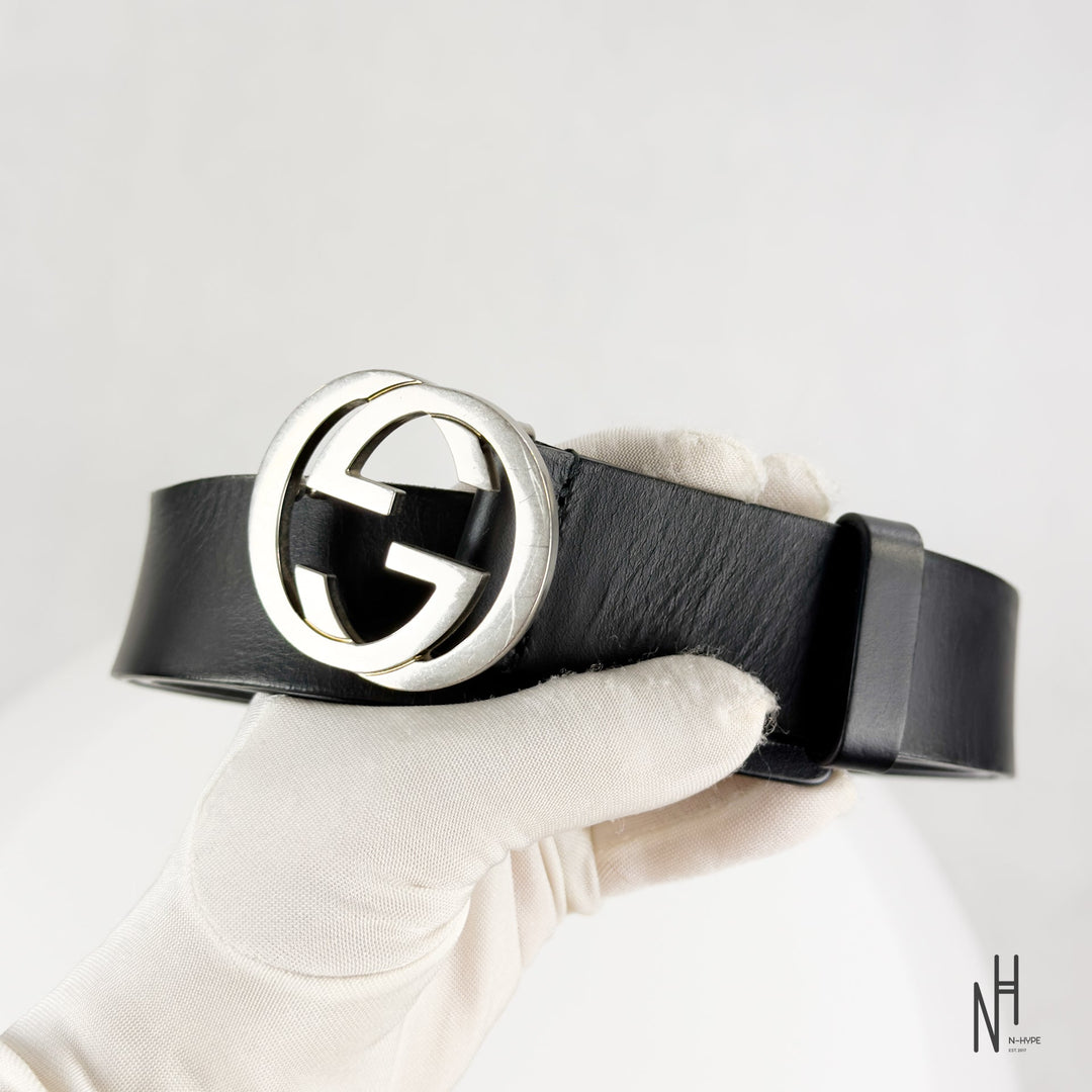 Gucci Black Leather Belt 40 mm with Interlocking G Buckle Palladium Finish N-Hype.