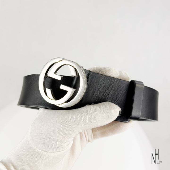 Gucci Black Leather Belt 40 mm with Interlocking G Buckle Palladium Finish N-Hype.