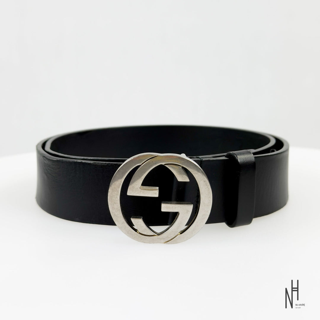 Gucci Black Leather Belt 40 mm with Interlocking G Buckle Palladium Finish N-Hype