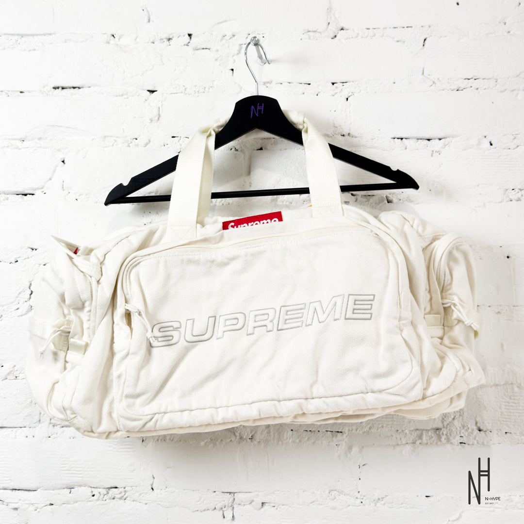 Supreme Denim Duffle Bag White N-Hype iconic streetwear accessory