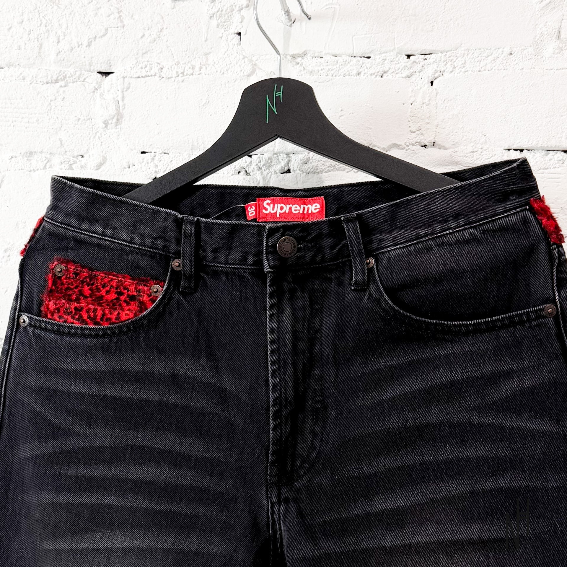 Supreme Leopard Faux Fur Loose Fit Washed Black Jeans | N-Hype