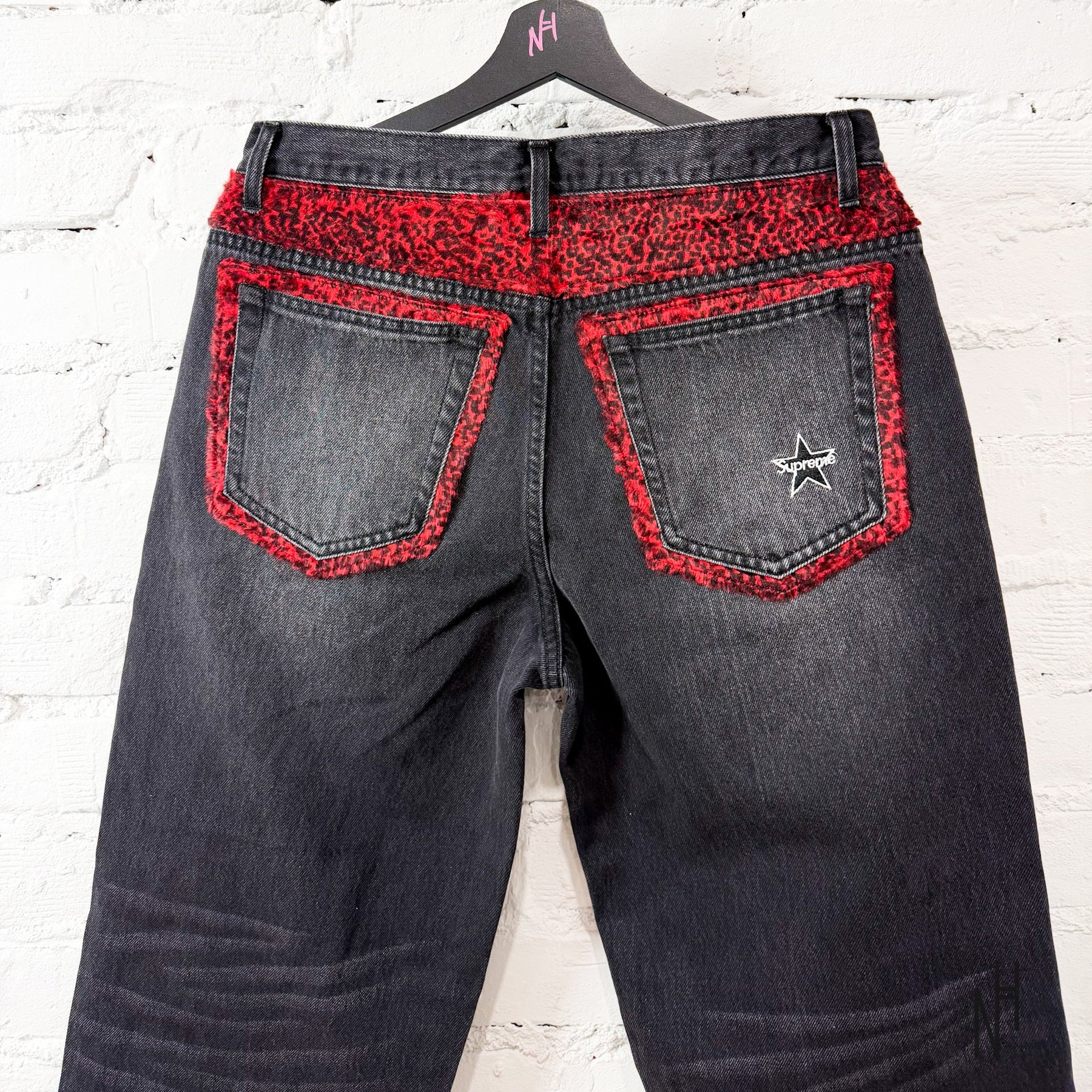 Supreme Leopard Faux Fur Loose Fit Washed Black Jeans | N-Hype
