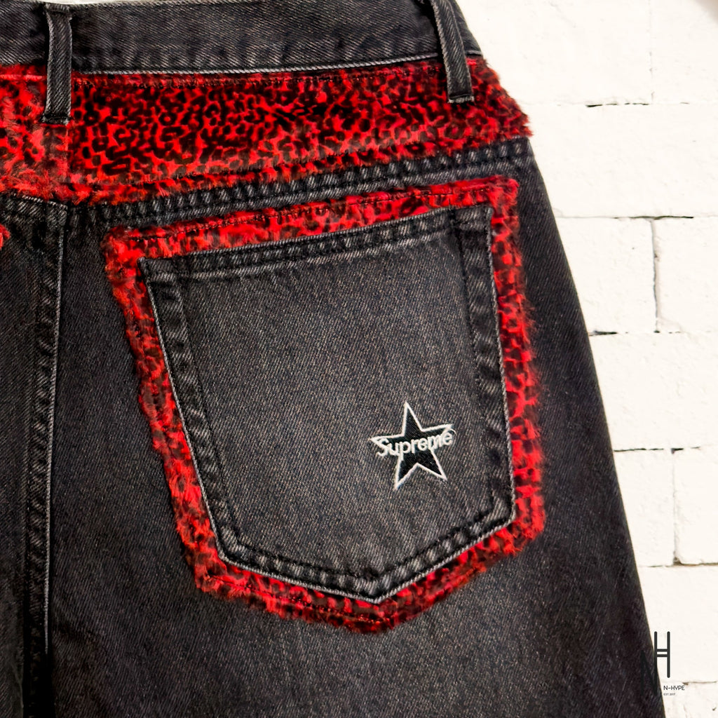 Supreme Leopard Faux Fur Loose Fit Washed Black Jeans | N-Hype