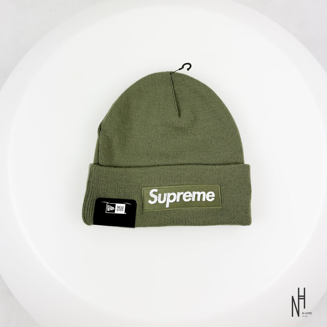 Supreme New Era Box Logo Beanie FW25 Light Olive N-Hype streetwear hat.