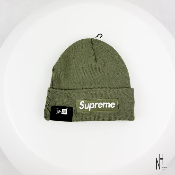 Supreme New Era Box Logo Beanie FW25 Light Olive N-Hype streetwear hat.