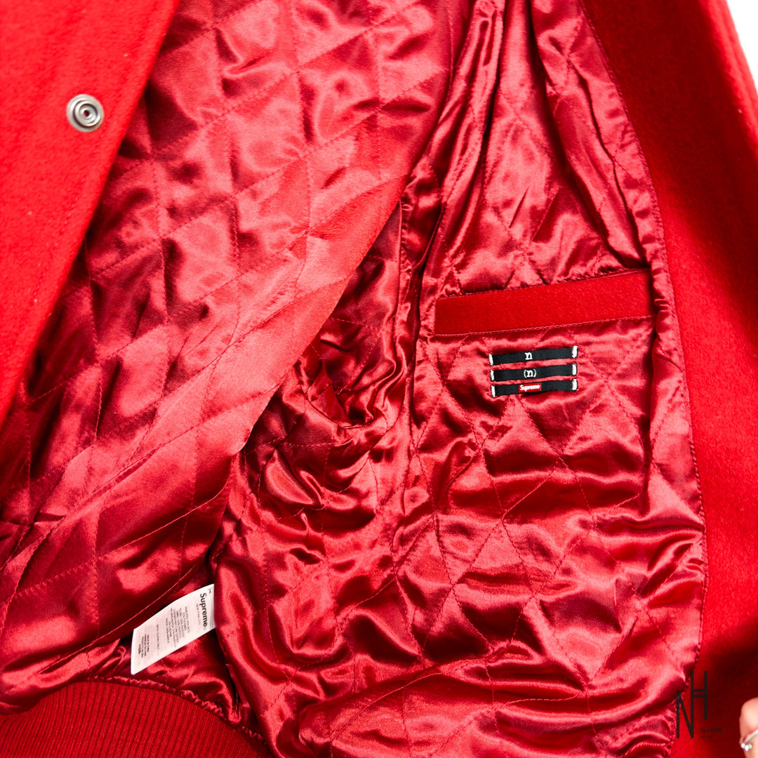 Supreme Number (N)ine Mickey Varsity Jacket Red N-Hype streetwear jacket.