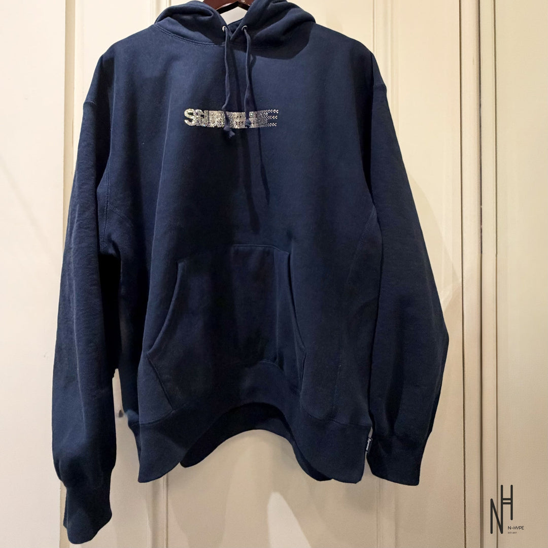 Supreme Swarovski Motion Logo Navy Hooded Sweatshirt N-Hype men's fashion sweatshirt.