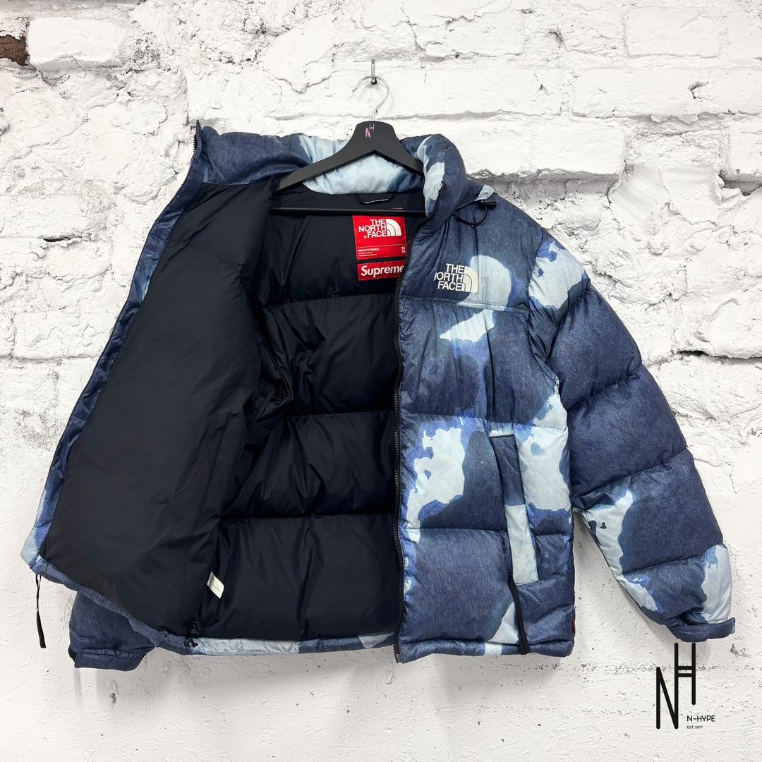 Supreme The North Face Bleached Denim Print Nuptse Jacket Indigo N-Hype streetwear jacket men's fashion.