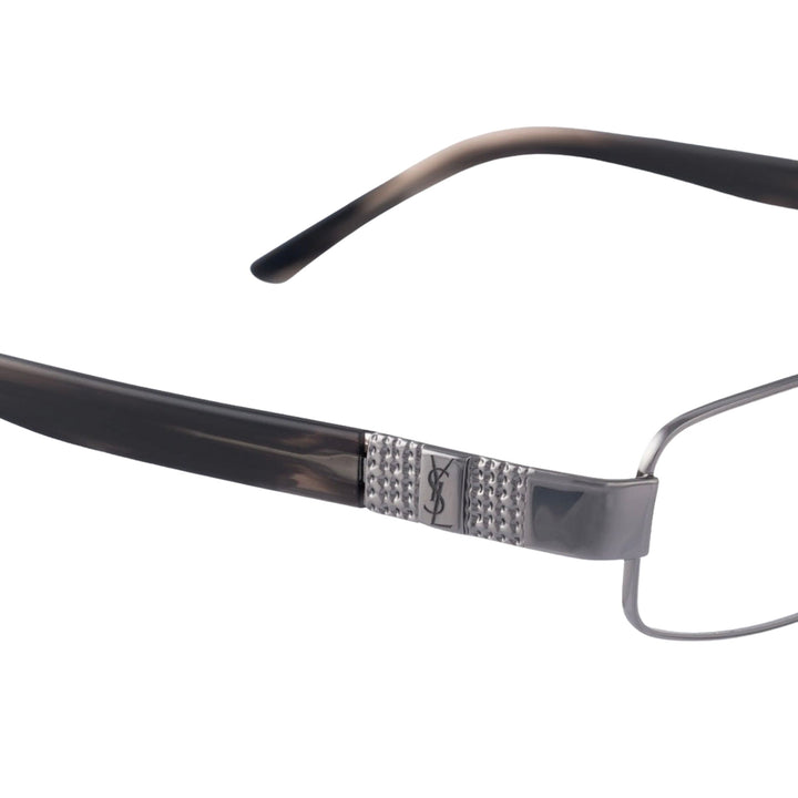 Yves Saint Laurent 00s Silver Dark Chrome detal logo YSL na zauszniku