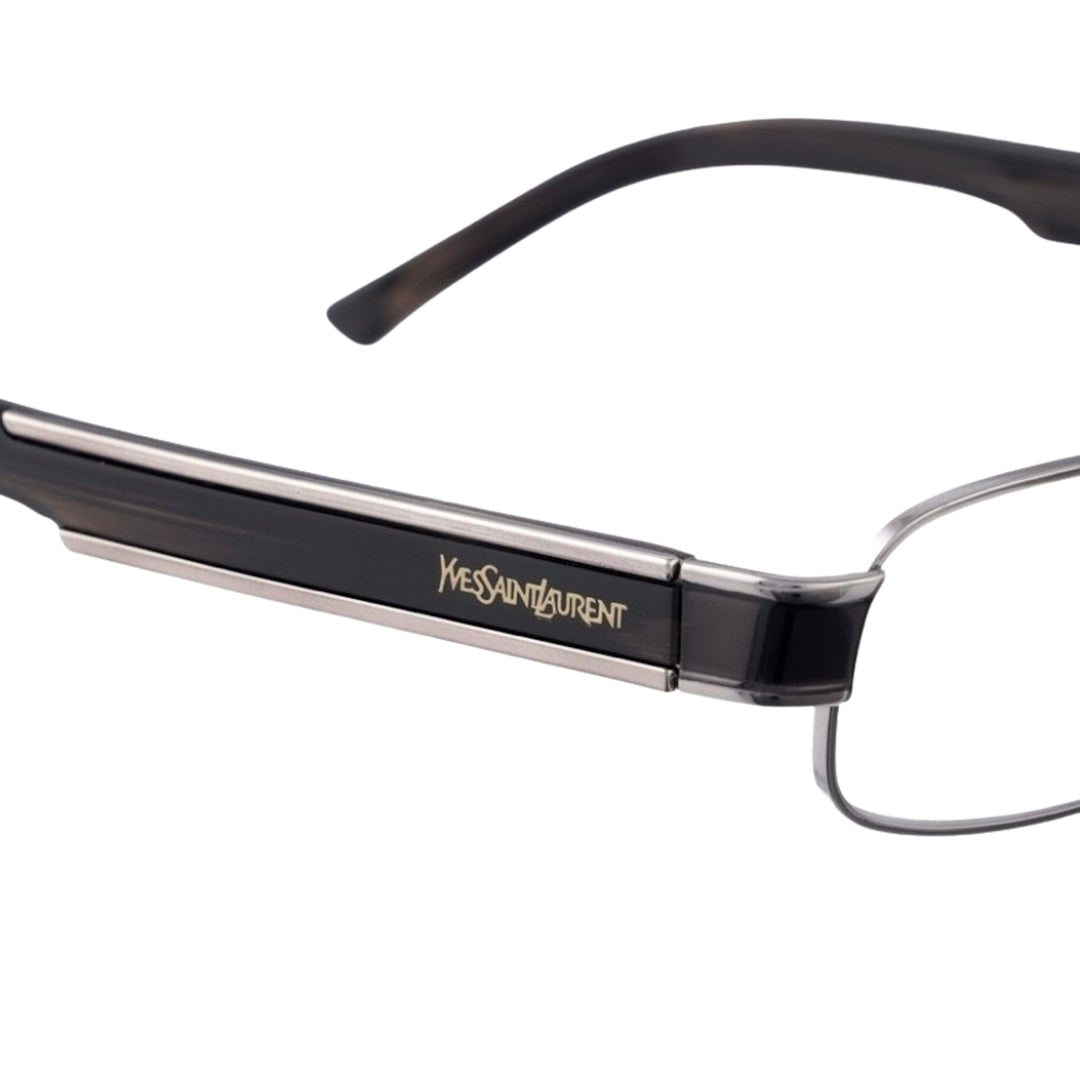 Yves Saint Laurent 90s Black Plastic Glasses profil z logo i chromowanymi elementami