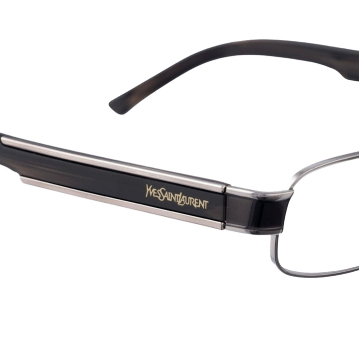 Yves Saint Laurent 90s Black Plastic Glasses profil z logo i chromowanymi elementami