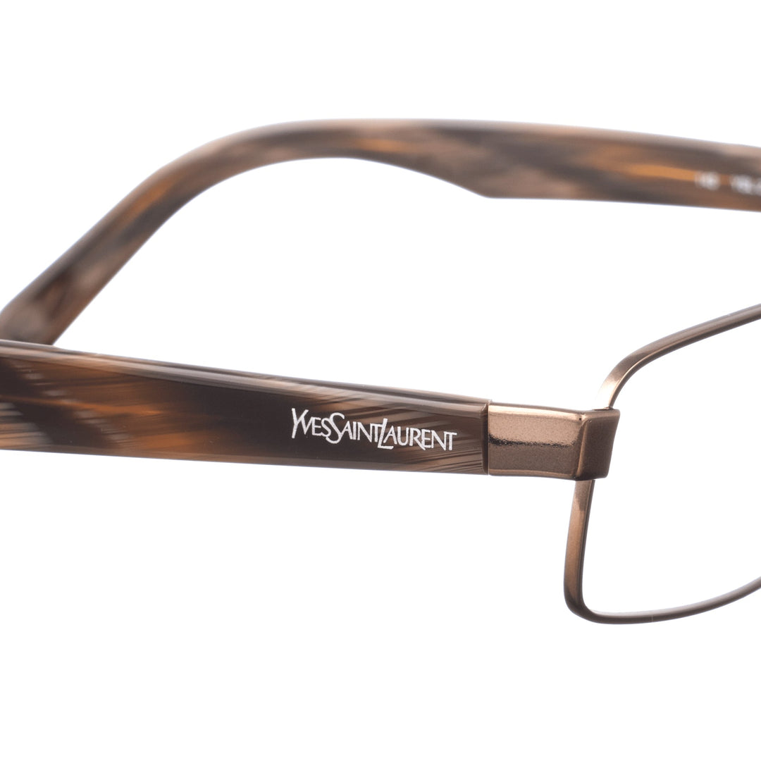 Yves Saint Laurent 90s Dark Brown Metallic detal logo na zauszniku