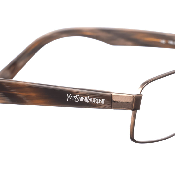 Yves Saint Laurent 90s Dark Brown Metallic detal logo na zauszniku